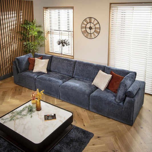Victoria 4 Seater Modular Sofa Blue Chenille 348x92cm 16