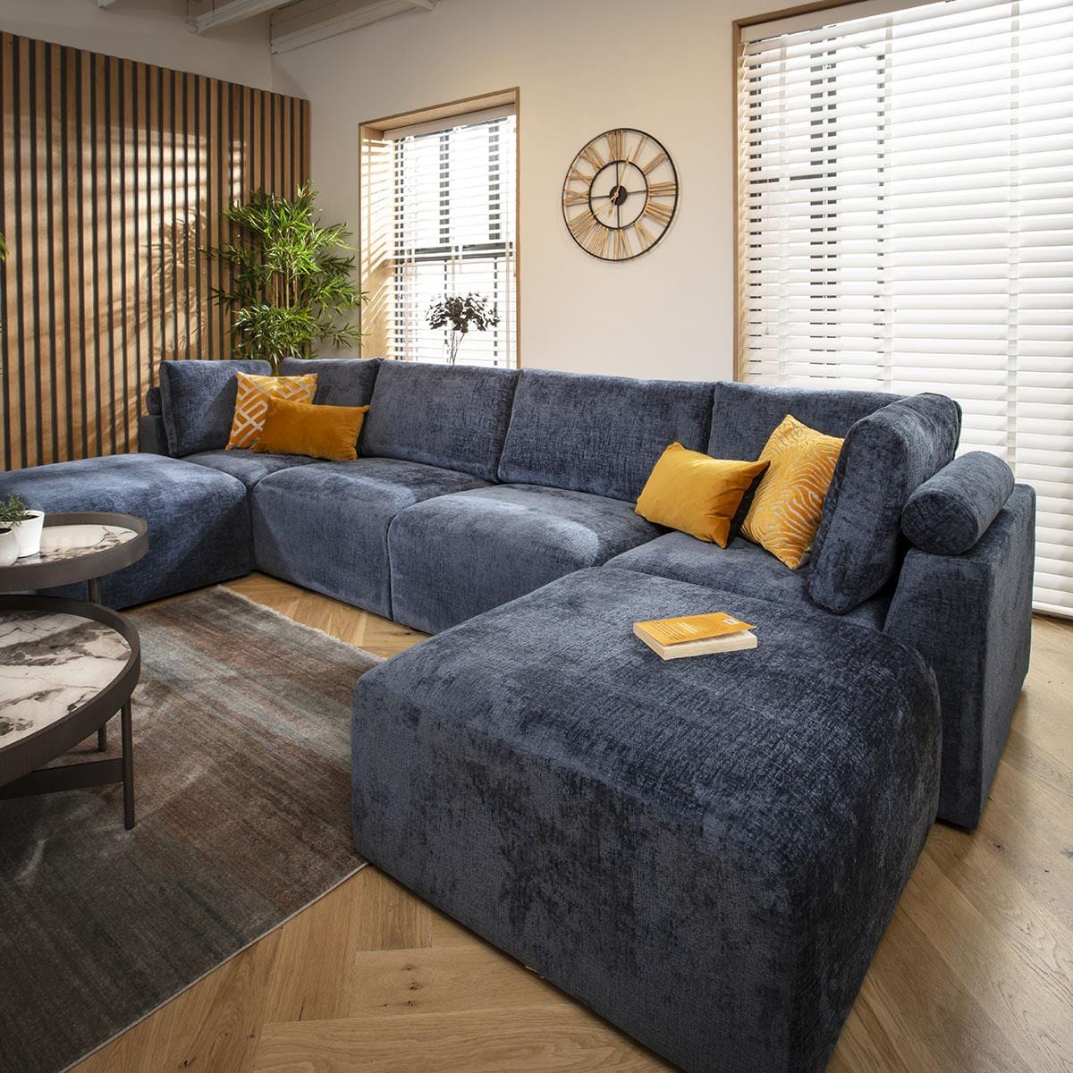 Victoria 4 Seater U-Shape Sofa Blue Chenille 348x176cm 7