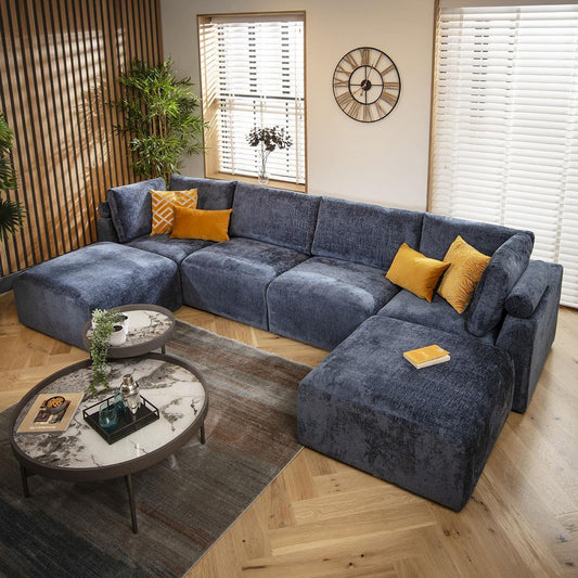 Victoria 4 Seater U-Shape Sofa Blue Chenille 348x176cm 7
