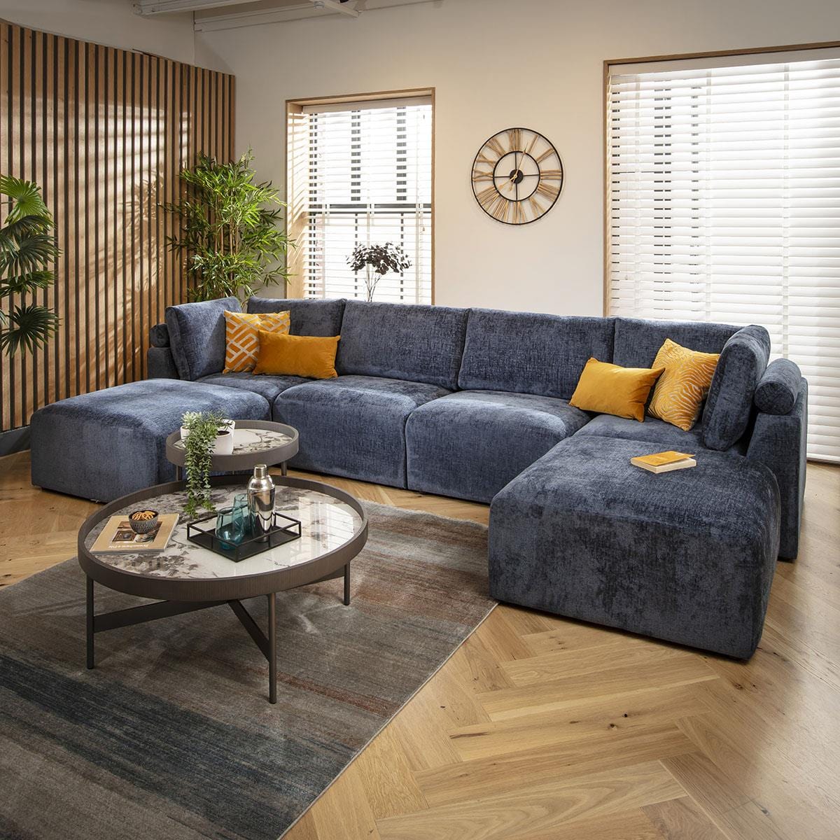 Victoria 4 Seater U-Shape Sofa Blue Chenille 348x176cm 7