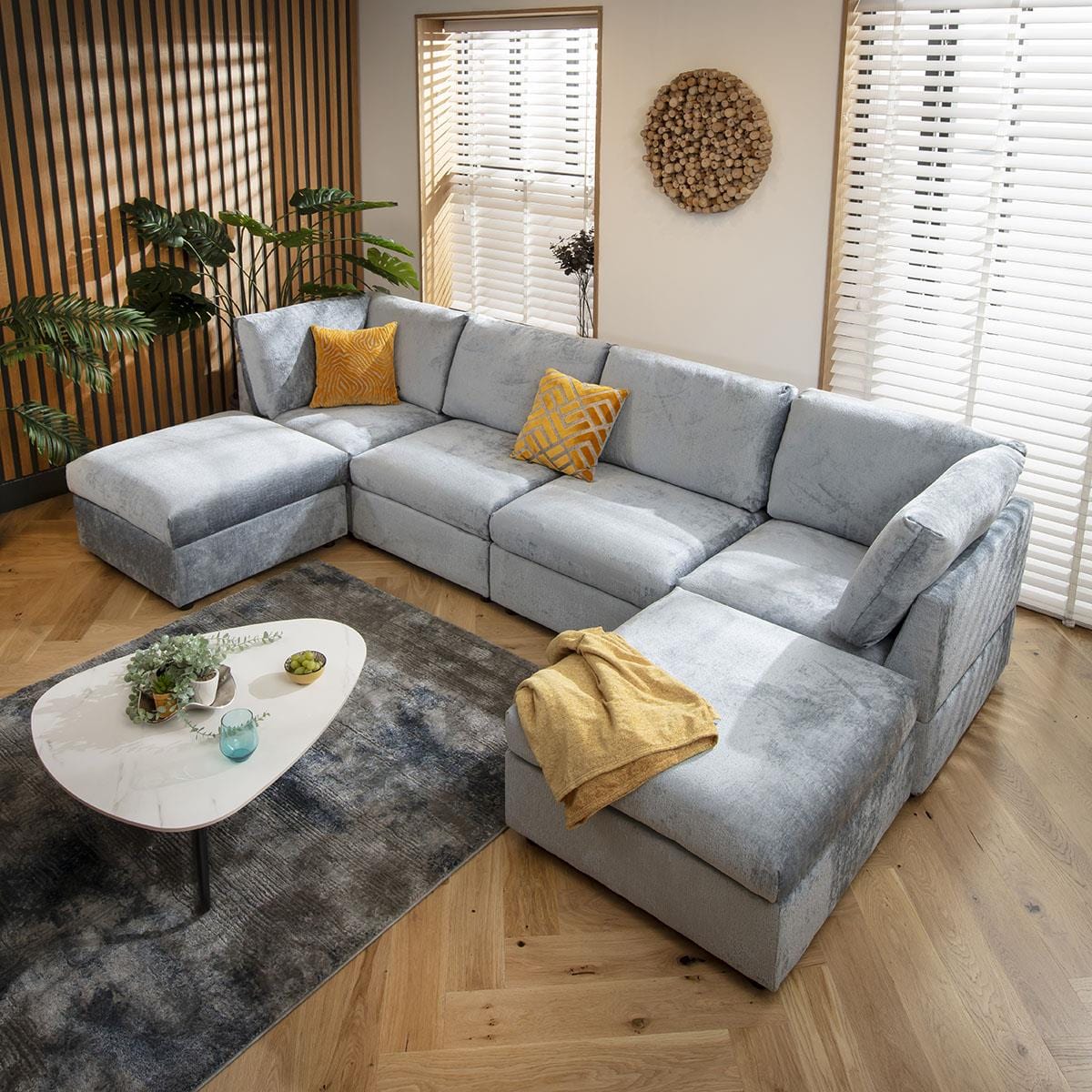 Sophie 4 Seater U-Shape Sofa Blue Chenille 320x160cm 7