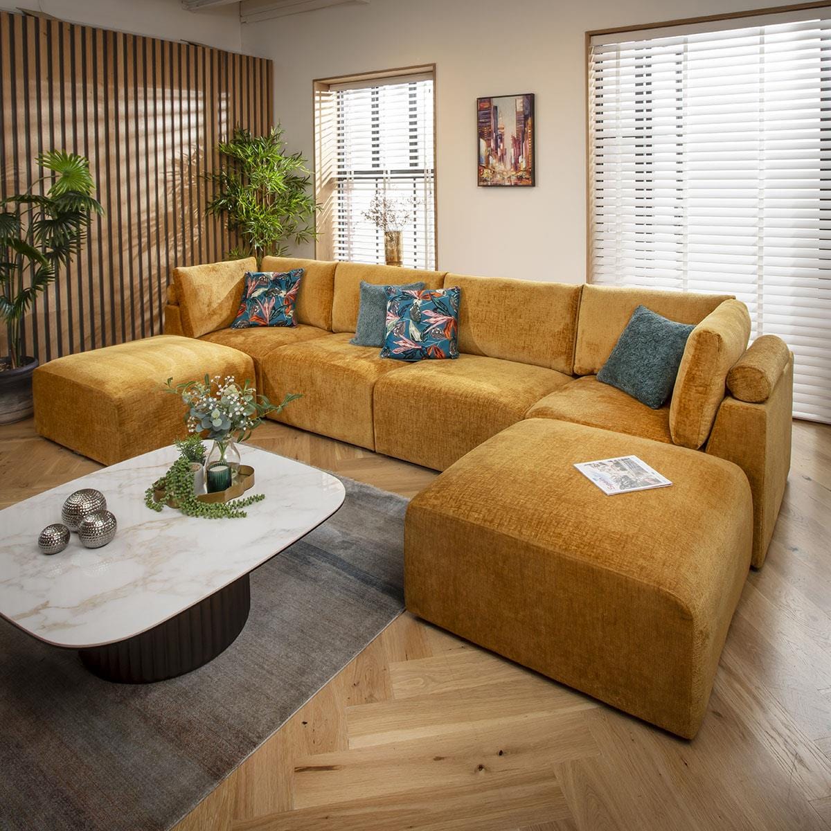 Victoria 4 Seater U-Shape Sofa Mustard Chenille 348x176cm 7