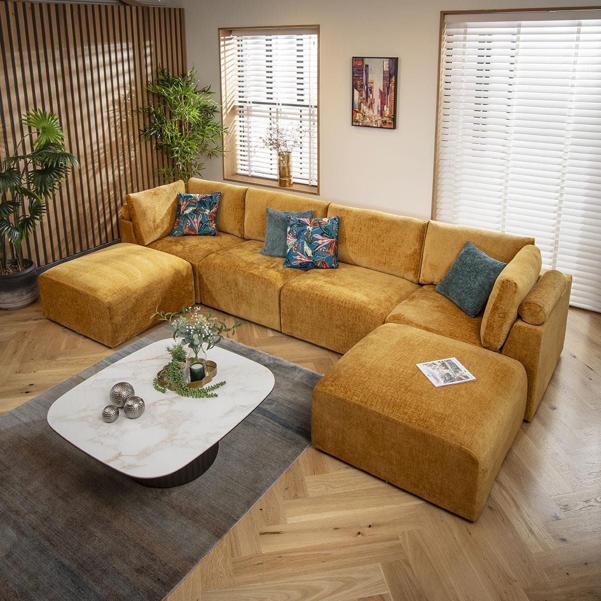 Victoria 4 Seater U-Shape Sofa Mustard Chenille 348x176cm 7