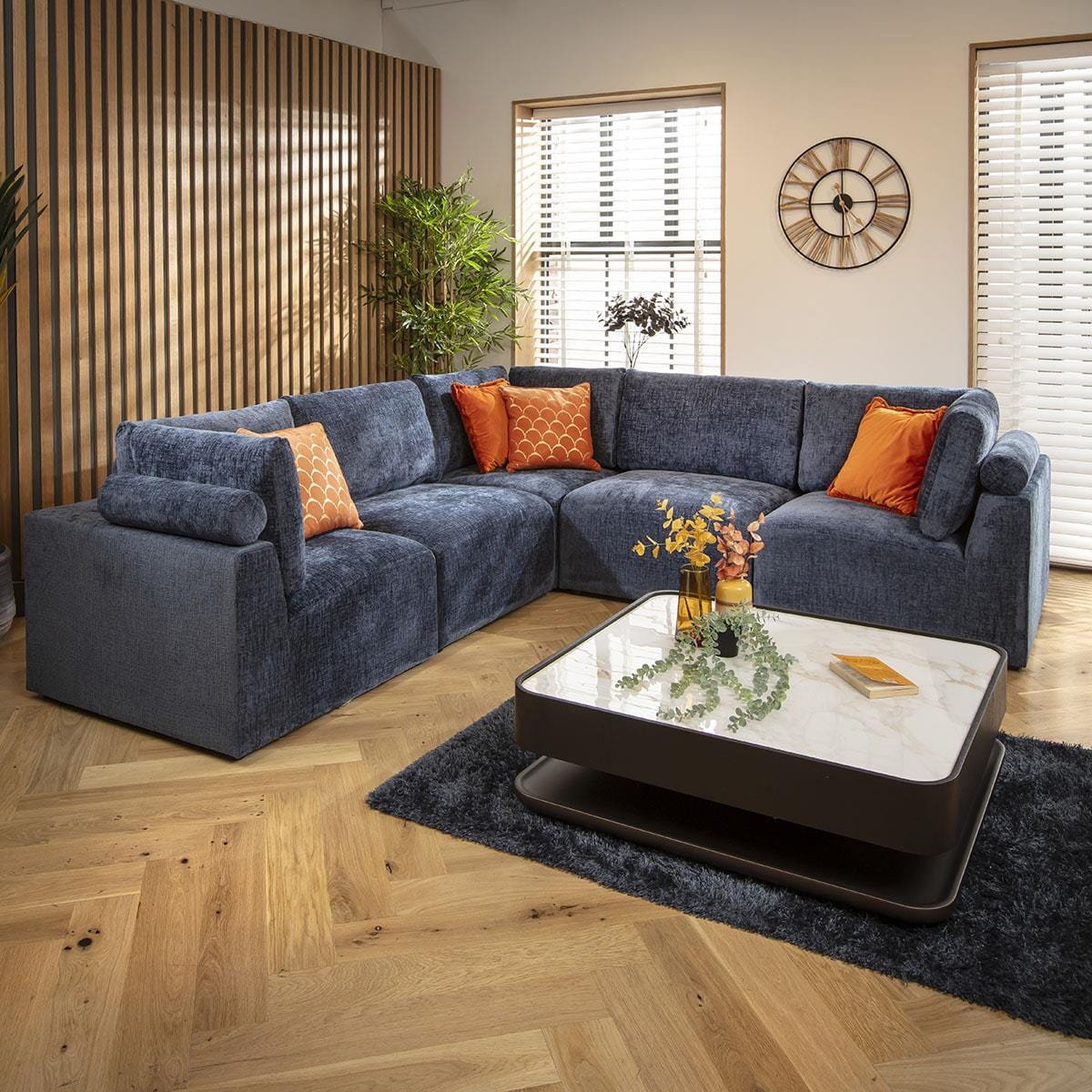 Victoria 6 Seater Corner Sofa Blue Chenille 266x266cm 14