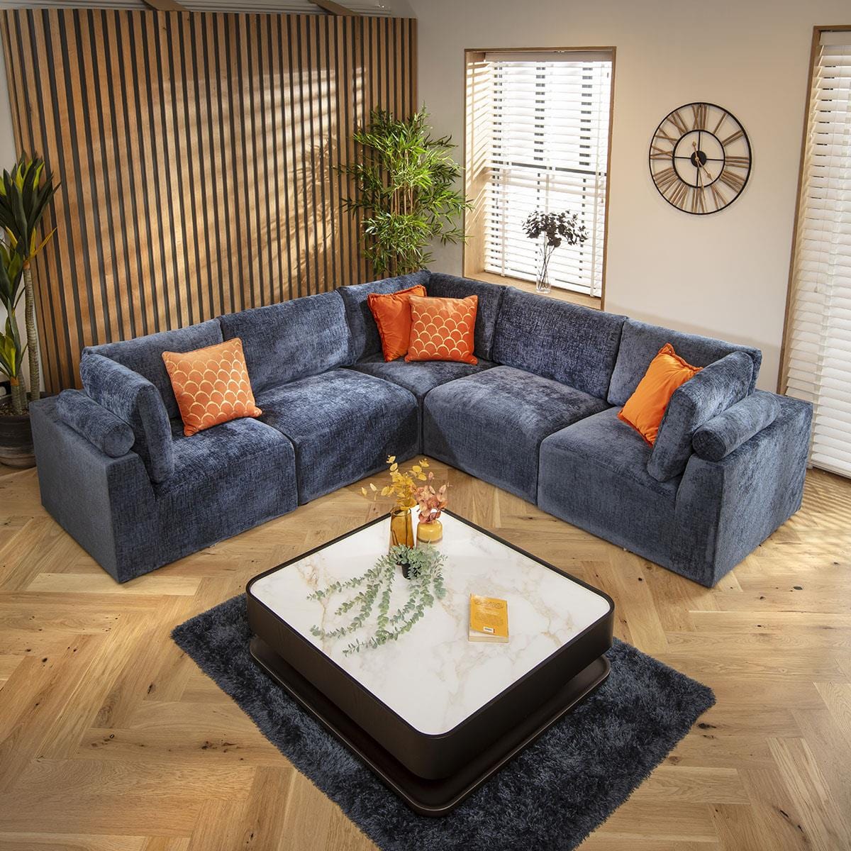 Victoria 6 Seater Corner Sofa Blue Chenille 266x266cm 14