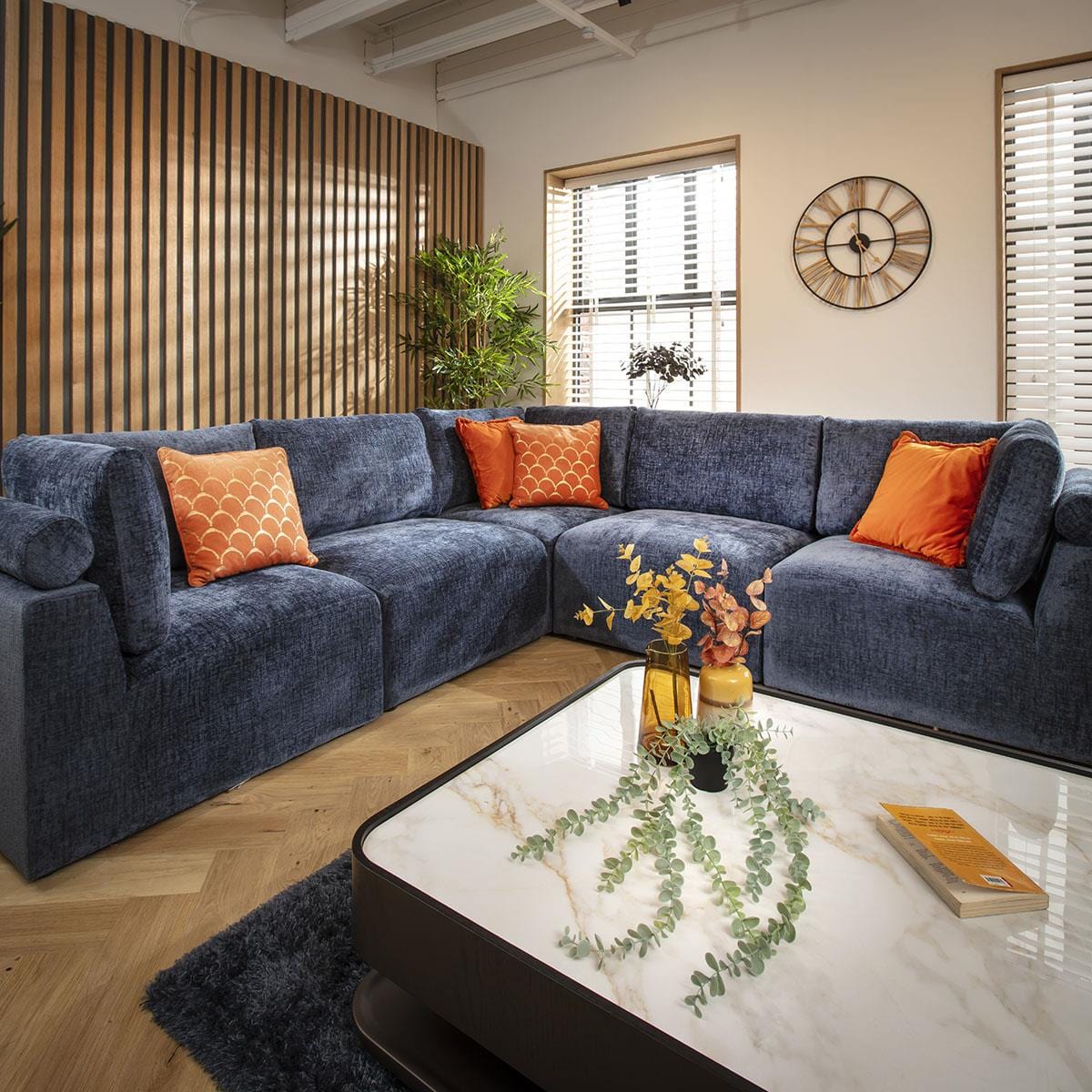 Victoria 6 Seater Corner Sofa Blue Chenille 266x266cm 14