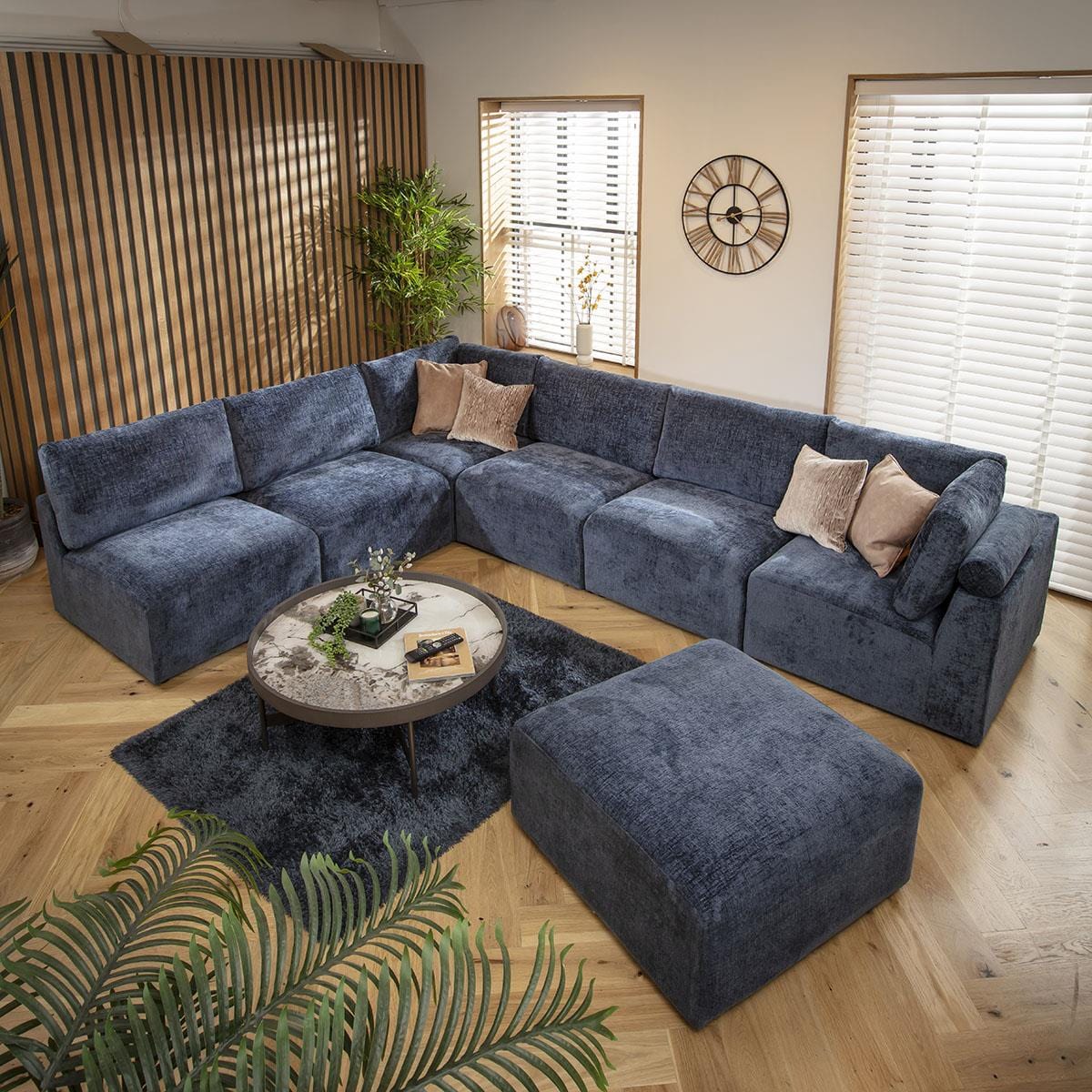Victoria 6 Seater U-Shape Sofa Blue Chenille 348x256cm 9L