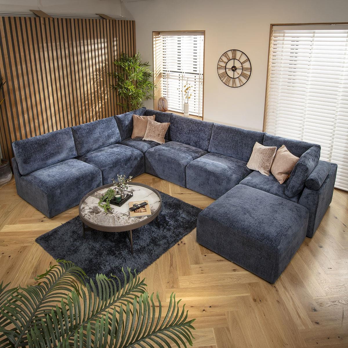Victoria 6 Seater U-Shape Sofa Blue Chenille 348x256cm 9L
