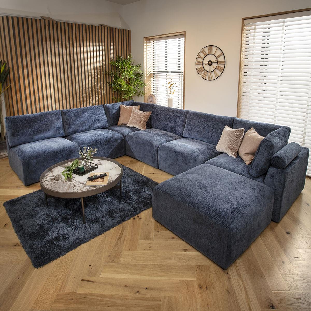Victoria 6 Seater U-Shape Sofa Blue Chenille 348x256cm 9L