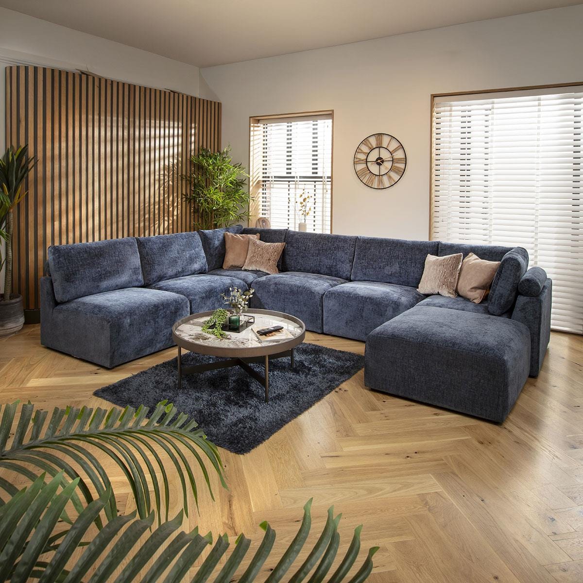 Victoria 6 Seater U-Shape Sofa Blue Chenille 348x256cm 9L