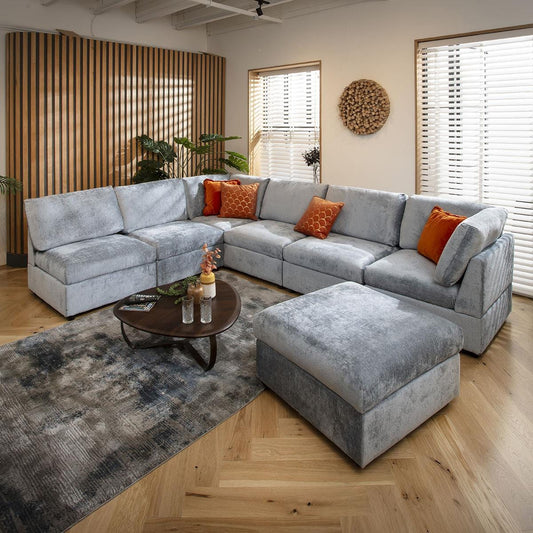 Sophie 6 Seater U-Shape Sofa Blue Chenille 320x240cm 9L