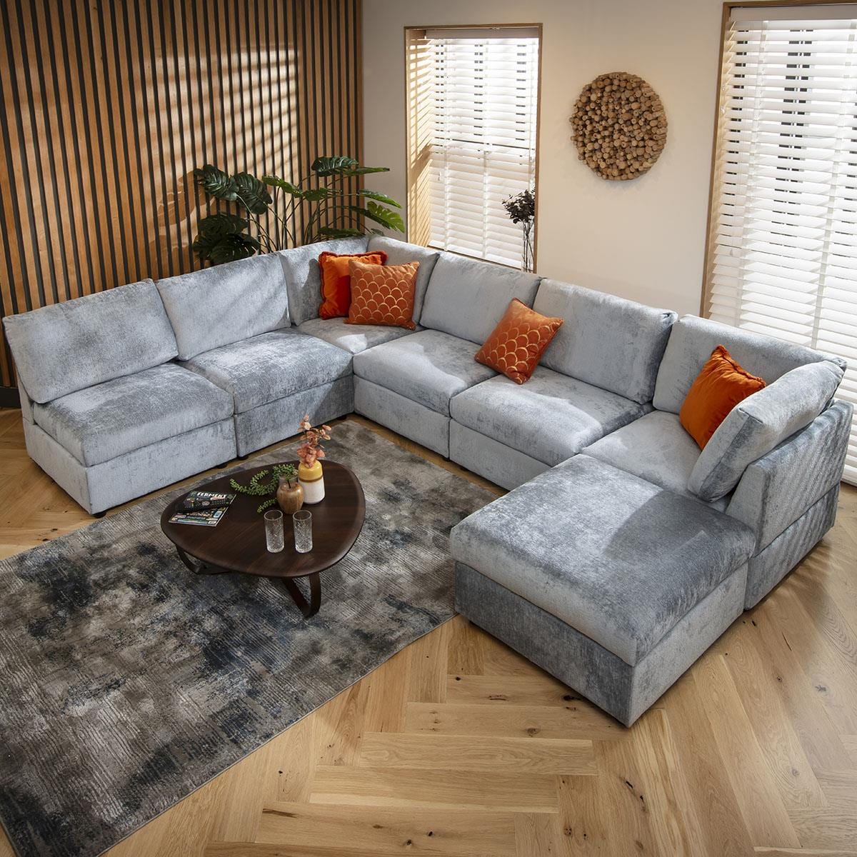 Sophie 6 Seater U-Shape Sofa Blue Chenille 320x240cm 9L