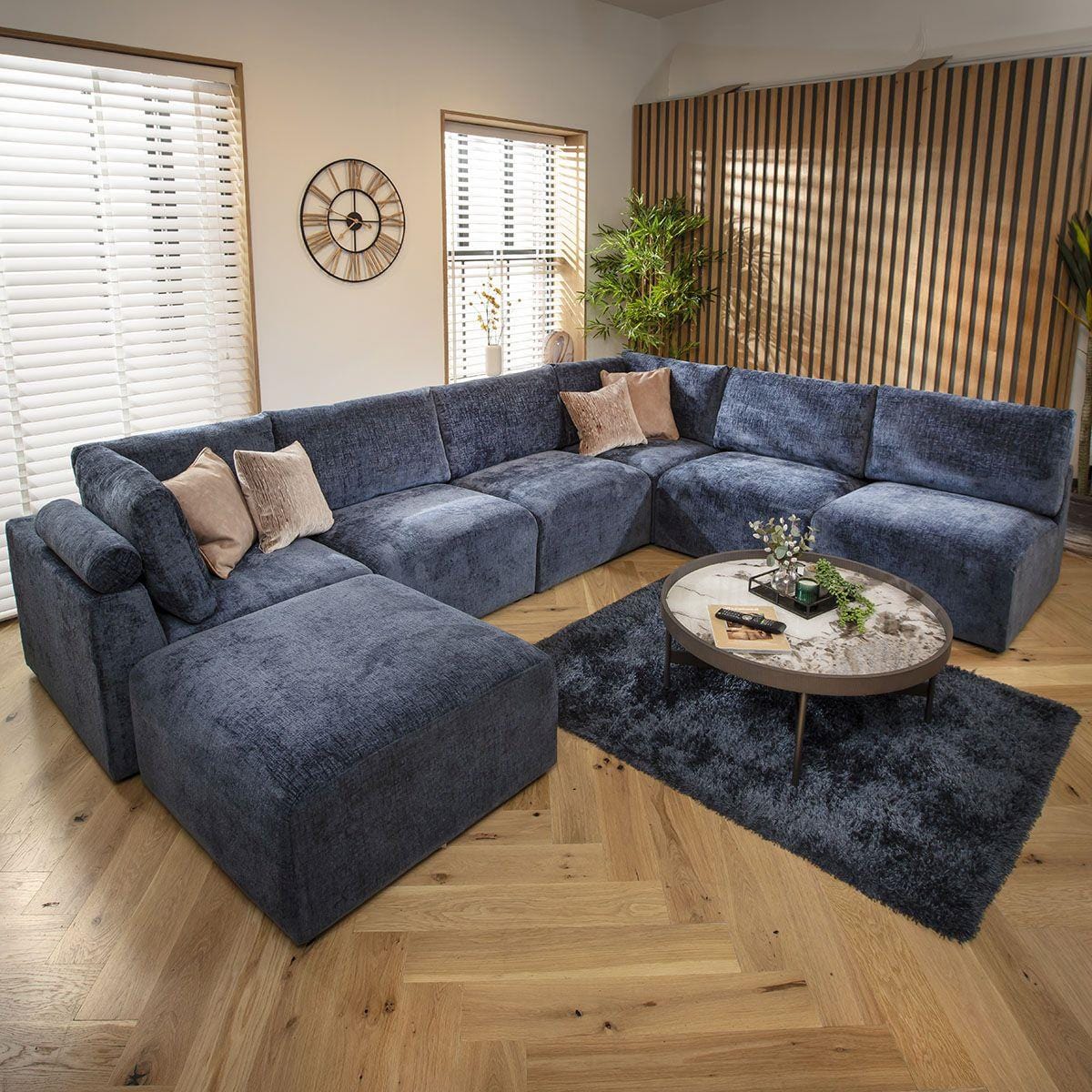 Victoria 6 Seater U-Shape Sofa Blue Chenille 348x256cm 9R