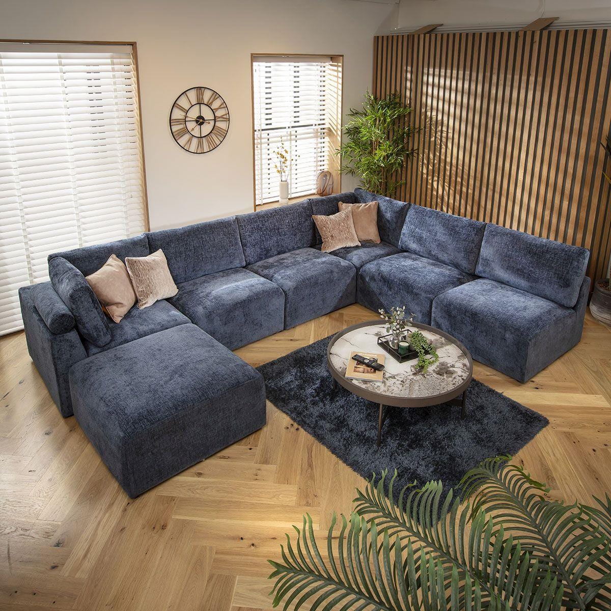 Victoria 6 Seater U-Shape Sofa Blue Chenille 348x256cm 9R