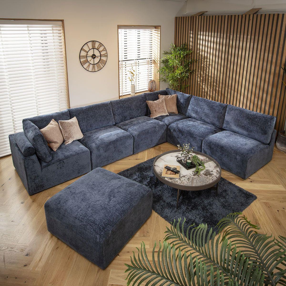 Victoria 6 Seater U-Shape Sofa Blue Chenille 348x256cm 9R