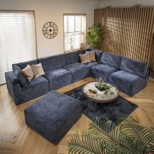 Victoria 6 Seater U-Shape Sofa Blue Chenille 348x256cm 9R Quatropi Furniture
