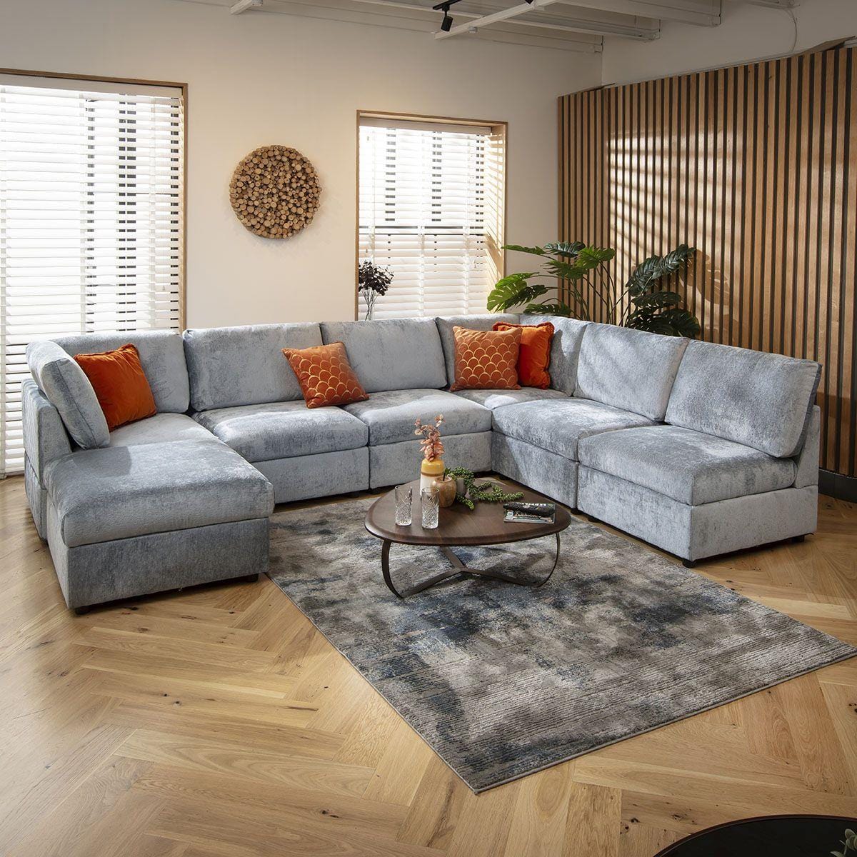 Sophie 6 Seater U-Shape Sofa Blue Chenille 320x240cm 9R