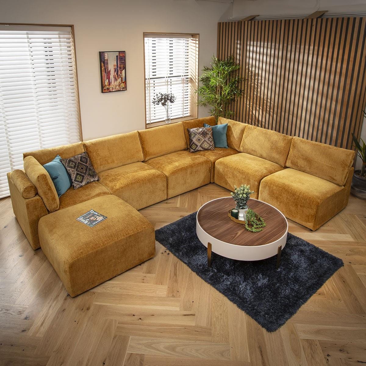 Victoria 6 Seater U-Shape Sofa Mustard Chenille 348x256cm 9R