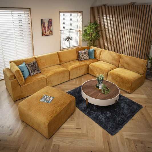 Victoria 6 Seater U-Shape Sofa Mustard Chenille 348x256cm 9R