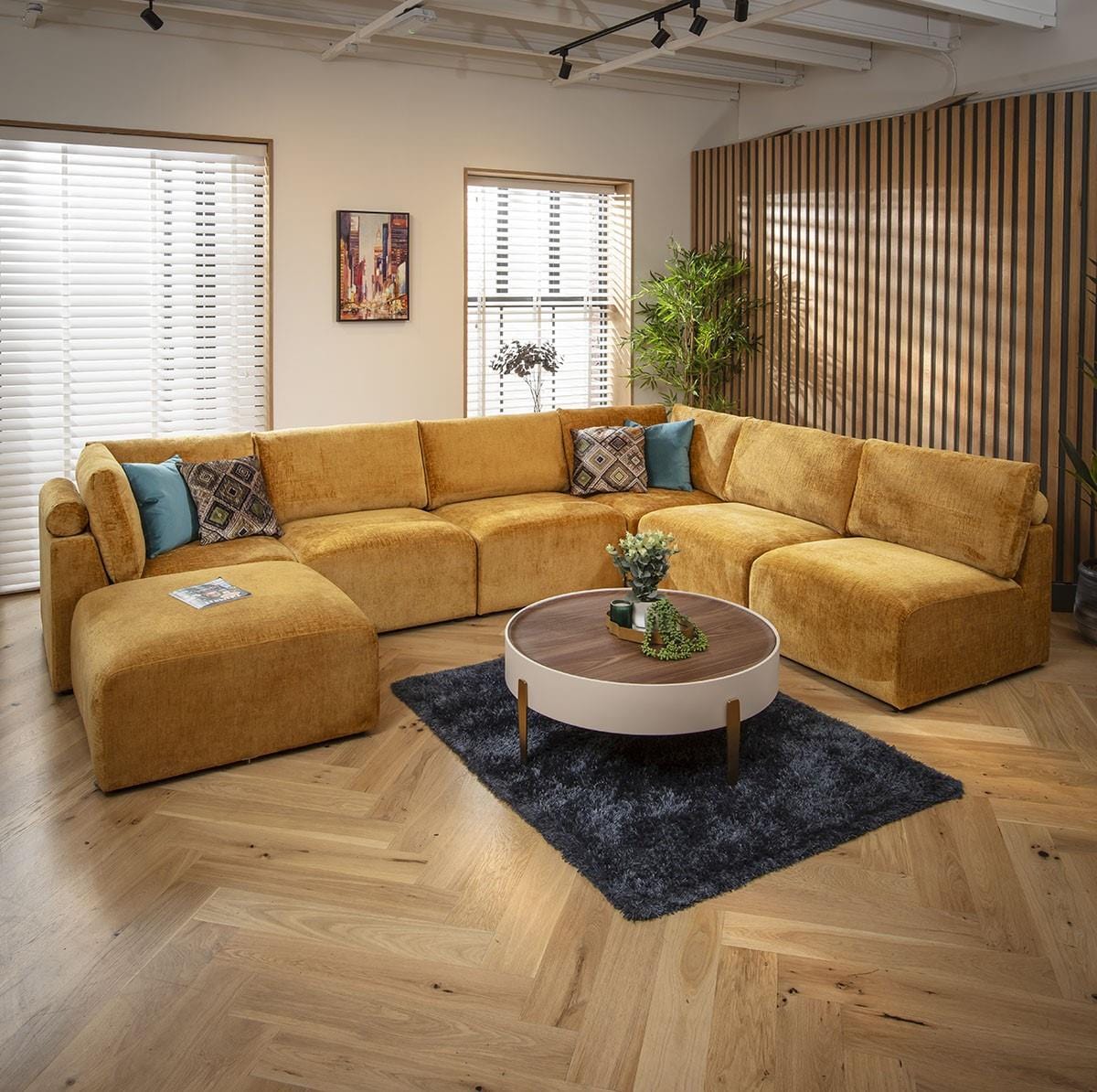 Victoria 6 Seater U-Shape Sofa Mustard Chenille 348x256cm 9R