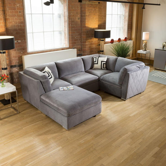 Comfy Charlotte Corner Sofa Medium Grey U Shape 5 Seater Couch 5L Living Room / Sofas / In Stock Sofas Sheffield Discount Furniture
