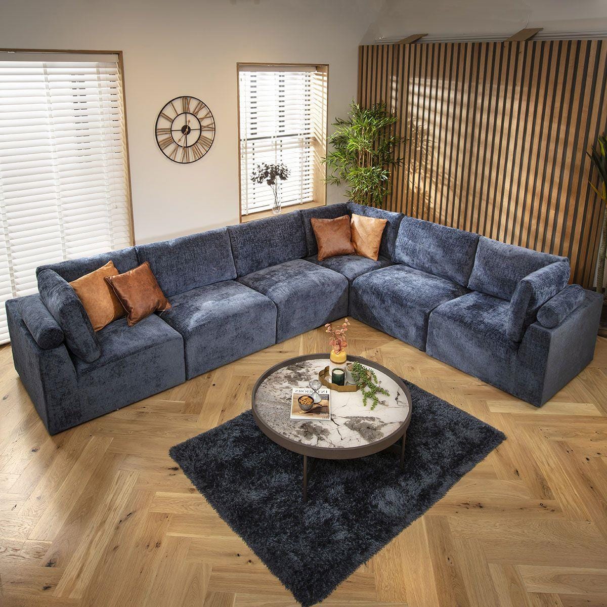 Victoria 6 Seater Corner Sofa Blue Chenille 348x266cm 15L