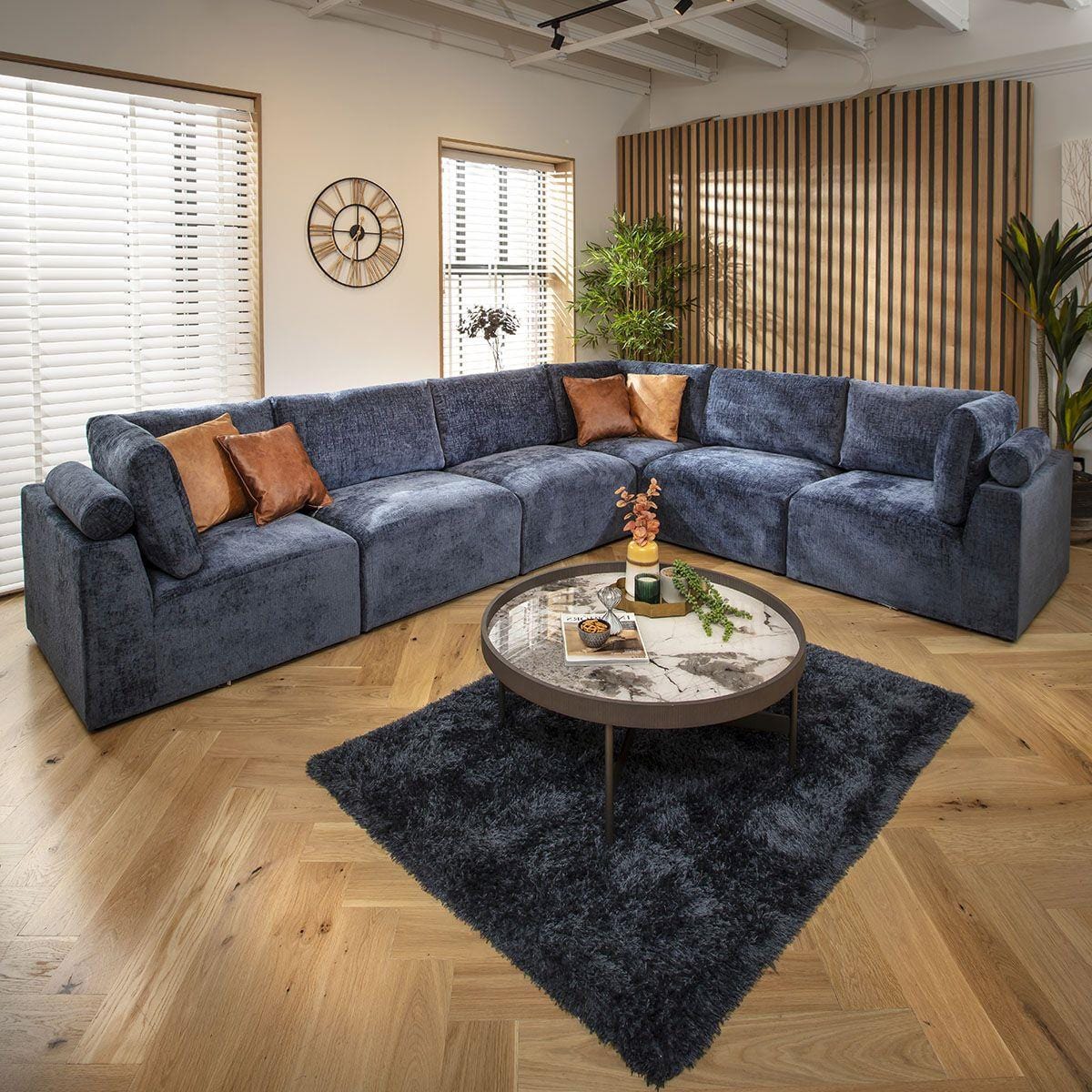 Victoria 6 Seater Corner Sofa Blue Chenille 348x266cm 15L