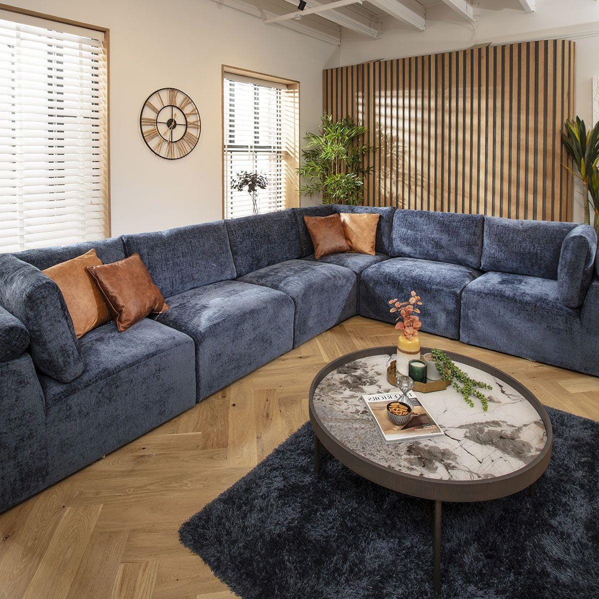 Victoria 6 Seater Corner Sofa Blue Chenille 348x266cm 15L