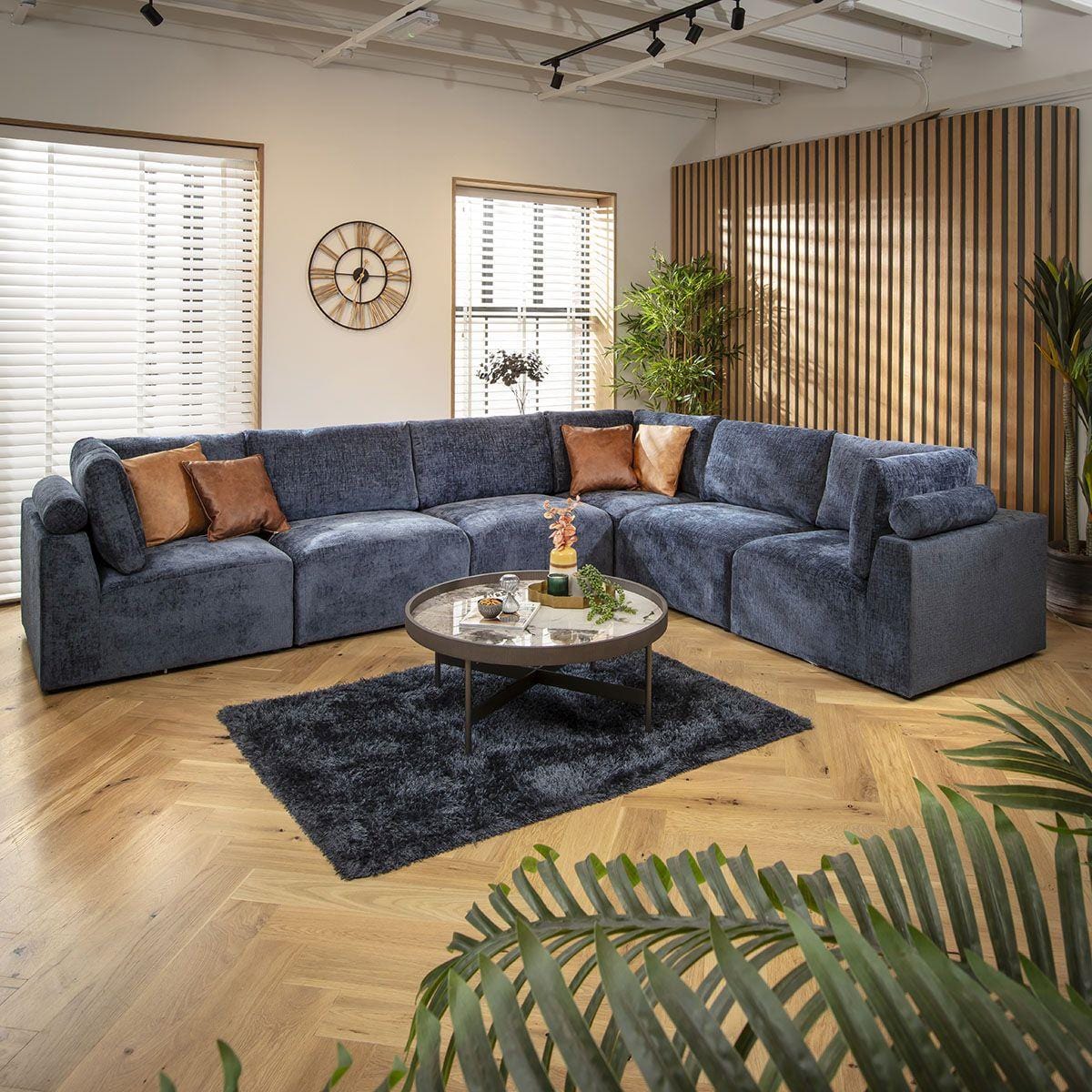 Victoria 6 Seater Corner Sofa Blue Chenille 348x266cm 15L