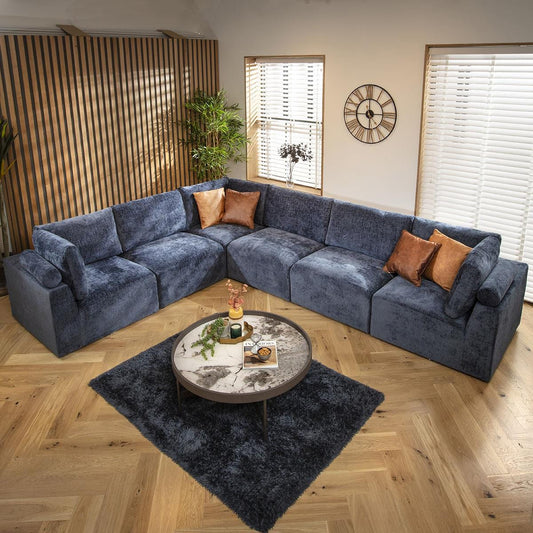 Victoria 6 Seater Corner Sofa Blue Chenille 348x266cm 15R