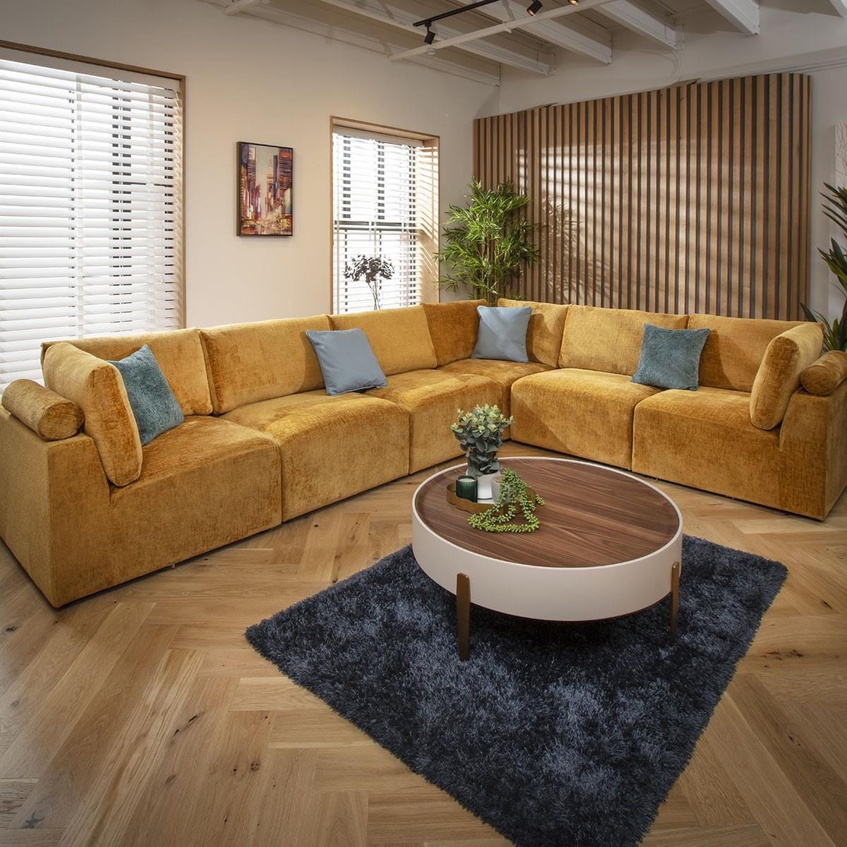 Victoria 6 Seater Corner Sofa Mustard Chenille 348x266cm 15L