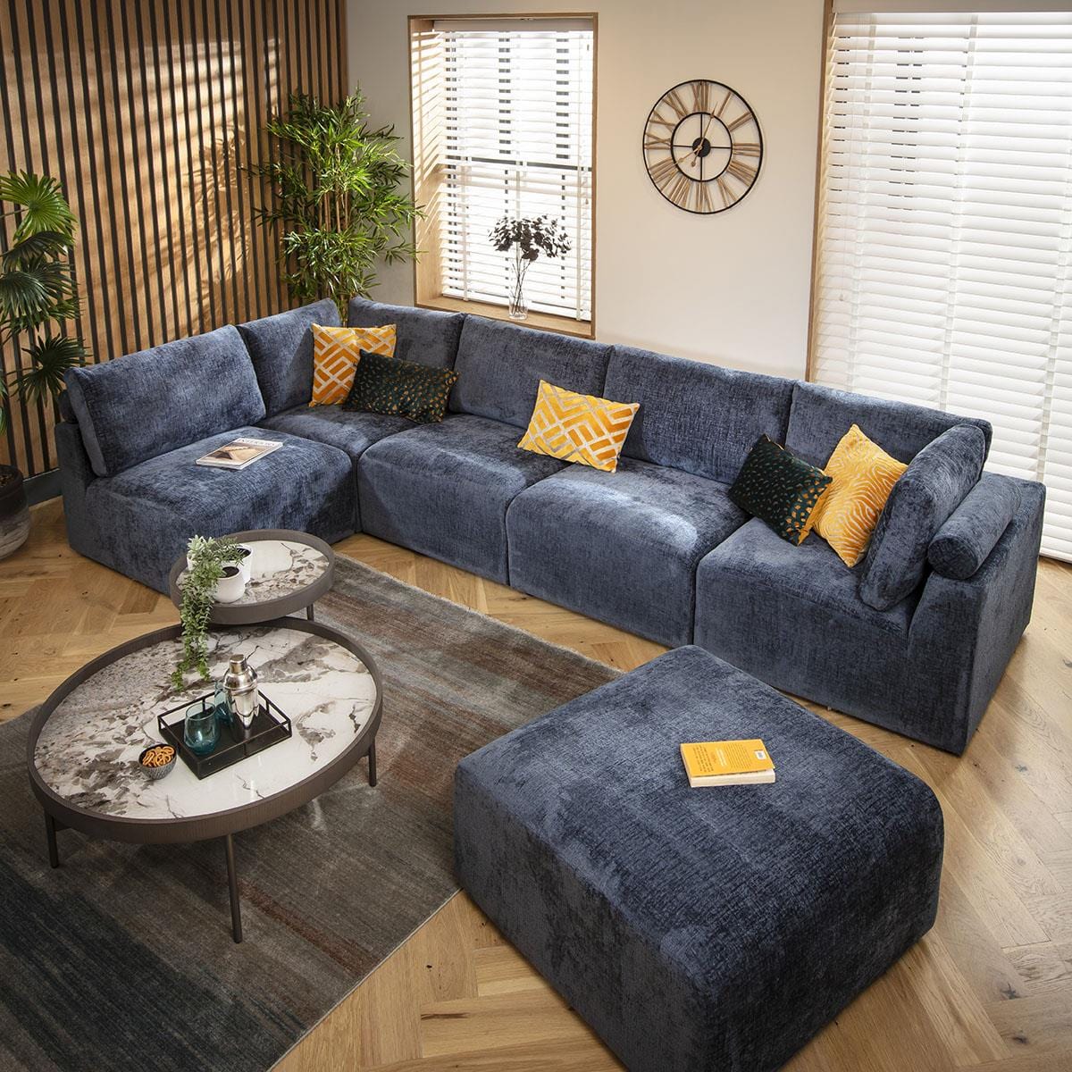 Victoria 6 Seater U-Shape Sofa Blue Chenille 348x176cm 6L