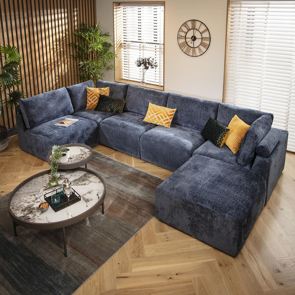 Victoria 6 Seater U-Shape Sofa Blue Chenille 348x176cm 6L