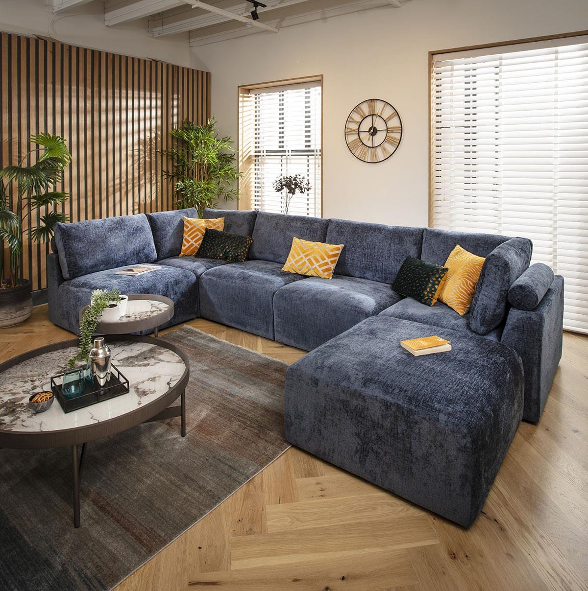 Victoria 6 Seater U-Shape Sofa Blue Chenille 348x176cm 6L