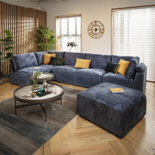 Victoria 6 Seater U-Shape Sofa Blue Chenille 348x176cm 6L