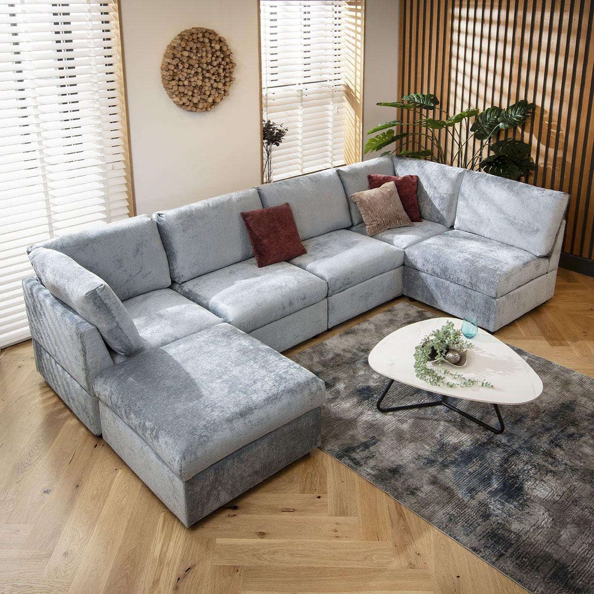 Sophie 6 Seater U-Shape Sofa Blue Chenille 320x160cm 6L