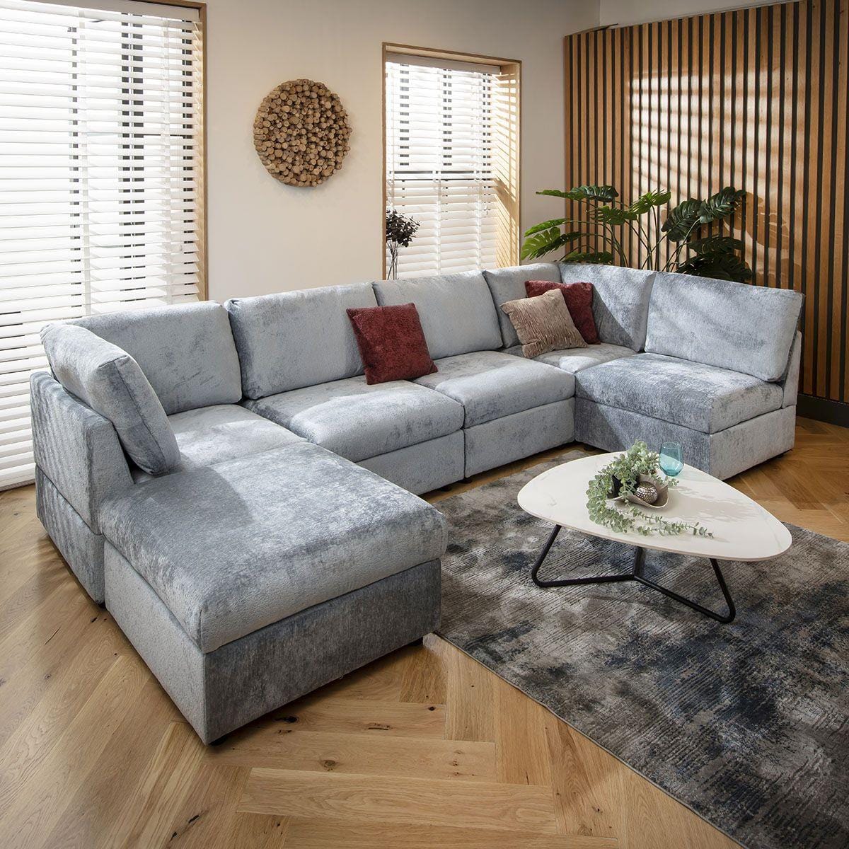 Sophie 6 Seater U-Shape Sofa Blue Chenille 320x160cm 6L