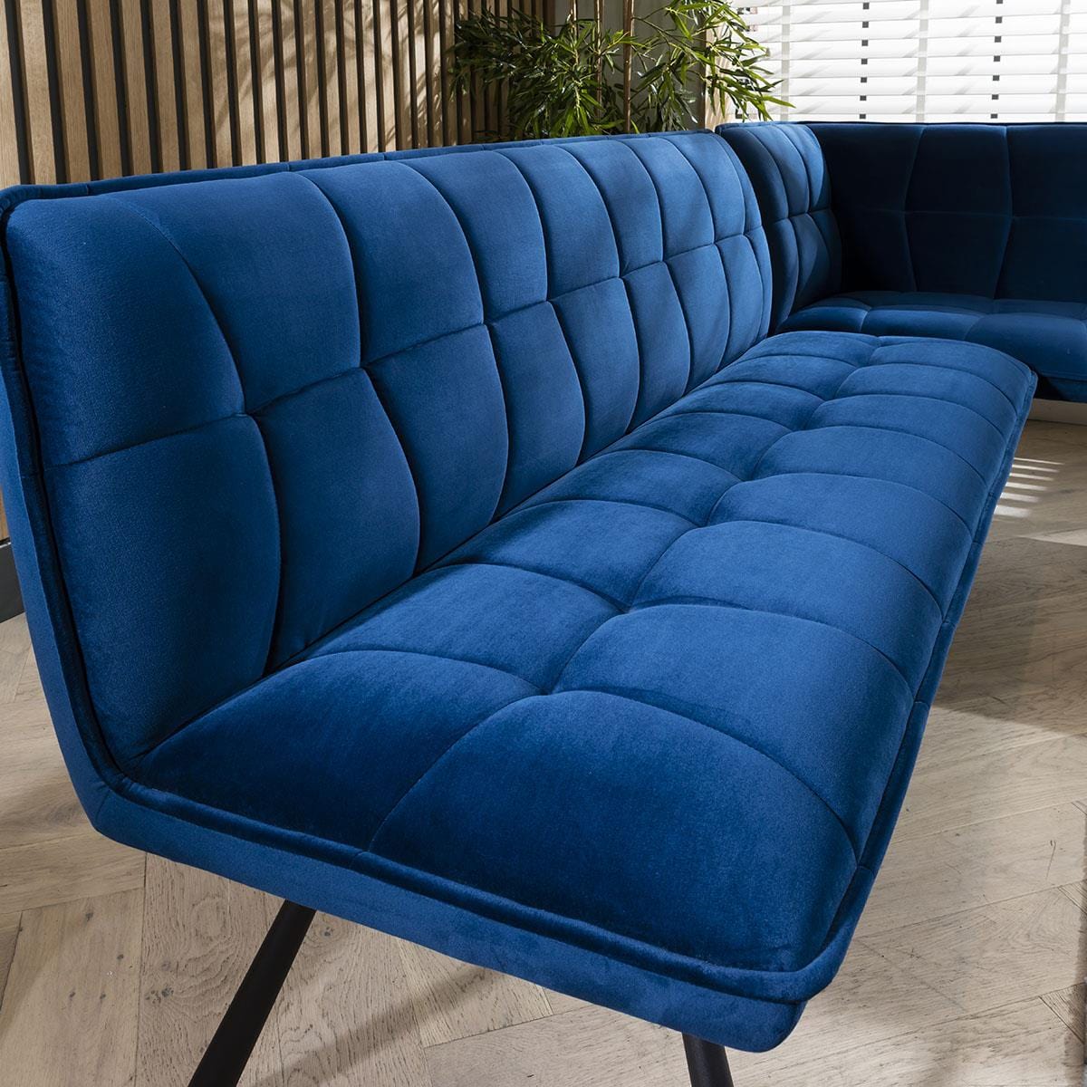 Modern Corner Dining Bench - Blue Velvet Fabric 5 Seater Bench - Left Hand Dining Room / Dining Chairs Sheffield Discount Furniture