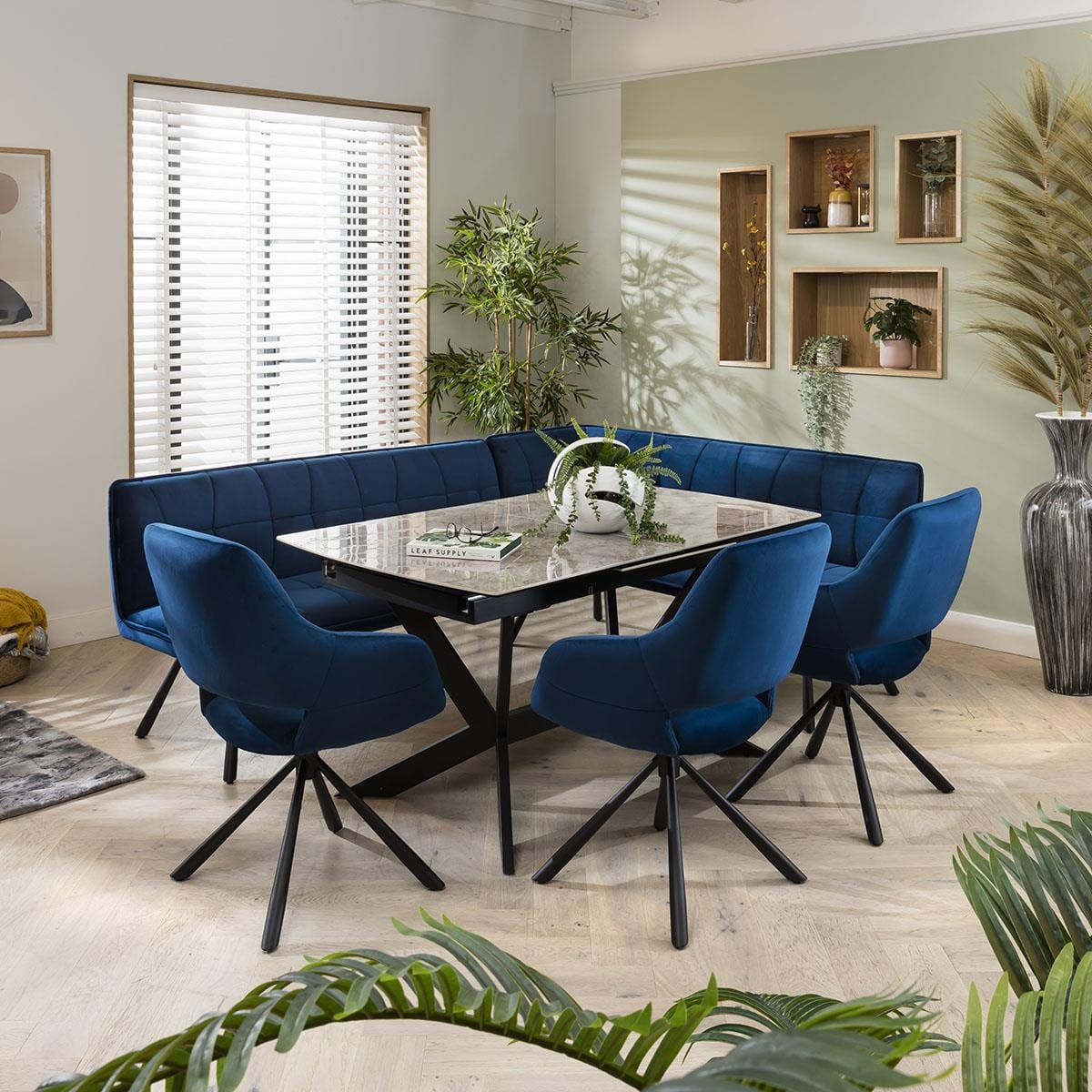 Modern Corner Dining Bench - Blue Velvet Fabric 5 Seater Bench - Left Hand Dining Room / Dining Chairs Sheffield Discount Furniture