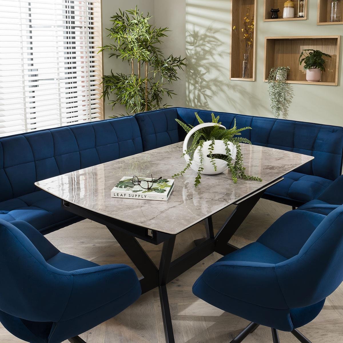 Modern Corner Dining Bench - Blue Velvet Fabric 5 Seater Bench - Left Hand Dining Room / Dining Chairs Sheffield Discount Furniture