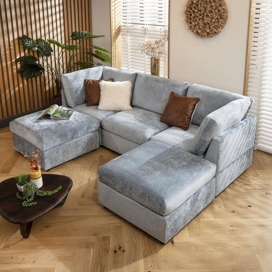 Sophie 3 Seater U-Shape Sofa Blue Chenille 240x160cm 4
