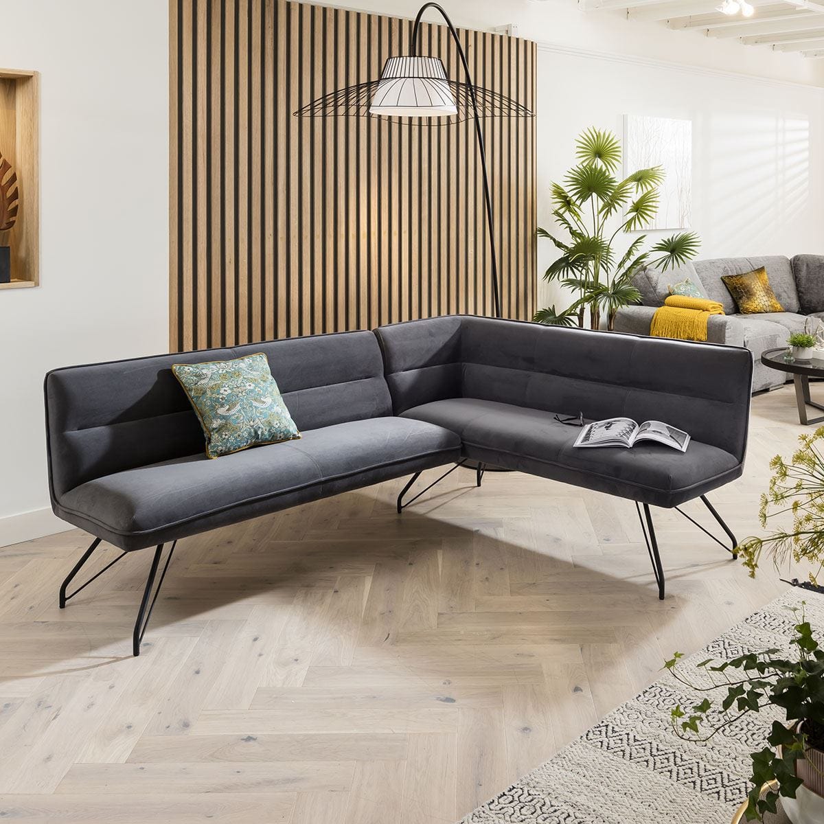 Corner Dining Bench - Grey Velvet, Black Metal Legs L/H Dining Room / Dining Chairs Sheffield Discount Furniture