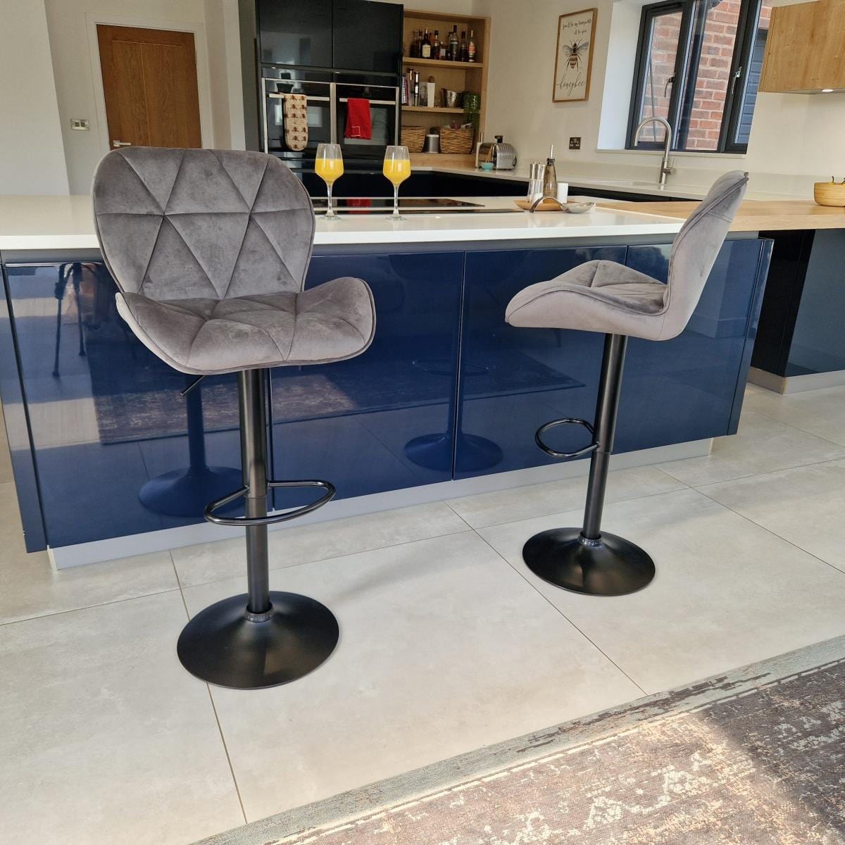 Set of 2 Modern Kitchen Bar Stools - Grey Velvet - Adjustable Seat Height Kitchen / Bar Stools Sheffield Discount Furniture