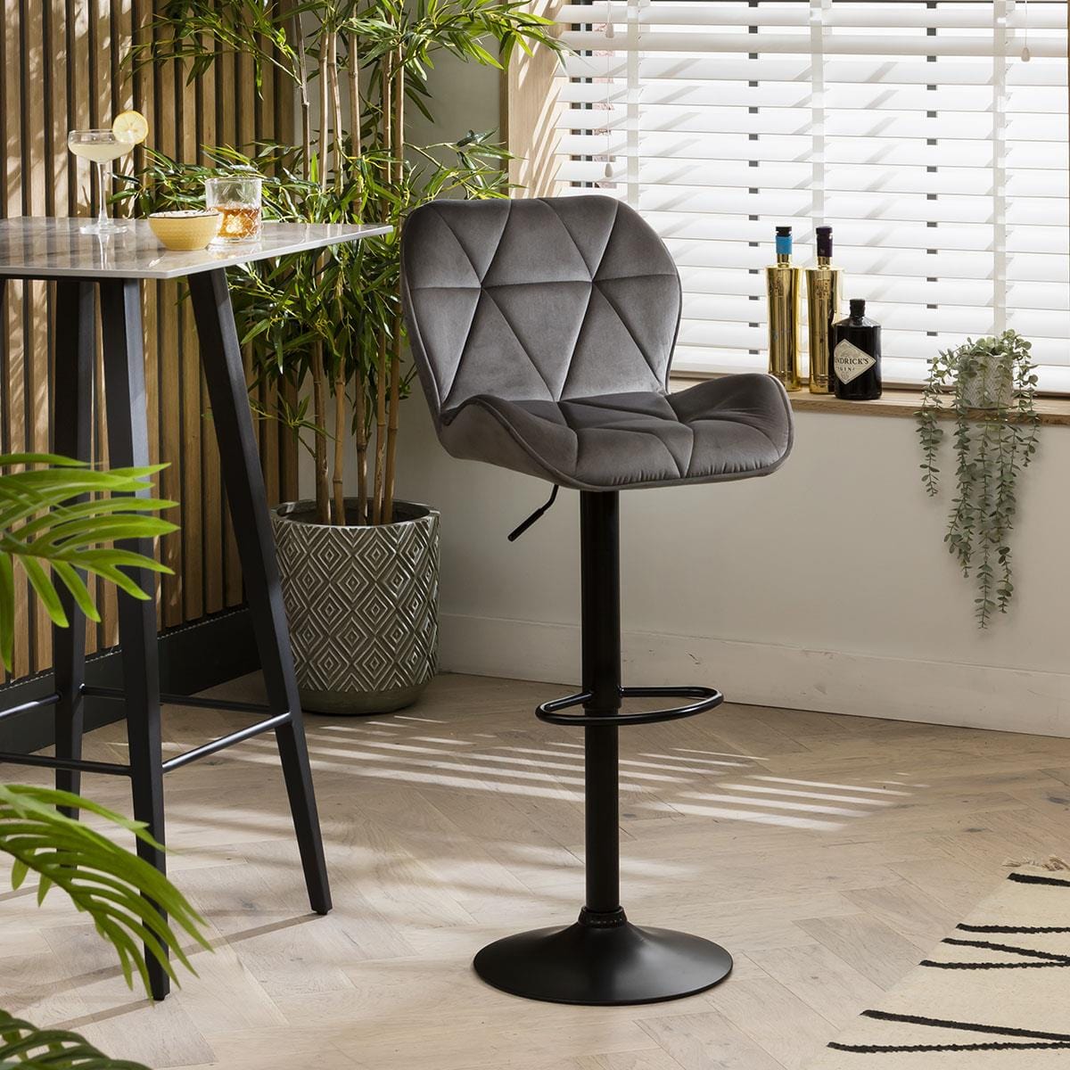 Set of 2 Modern Kitchen Bar Stools - Grey Velvet - Adjustable Seat Height Kitchen / Bar Stools Sheffield Discount Furniture