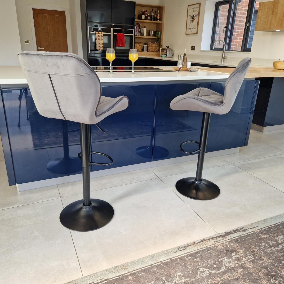 Set of 2 Modern Kitchen Bar Stools - Grey Velvet - Adjustable Seat Height Kitchen / Bar Stools Sheffield Discount Furniture
