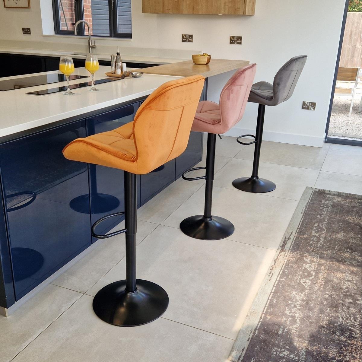 Set of 2 Modern Kitchen Bar Stools - Grey Velvet - Adjustable Seat Height Kitchen / Bar Stools Sheffield Discount Furniture