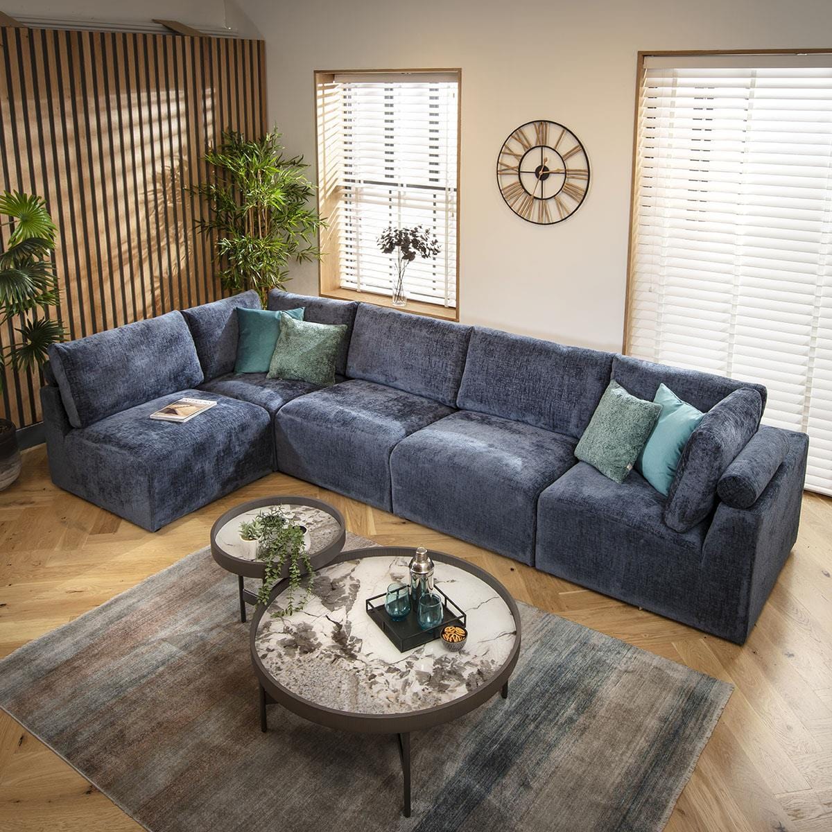 Victoria 6 Seater Corner Sofa Blue Chenille 348x174cm 13R