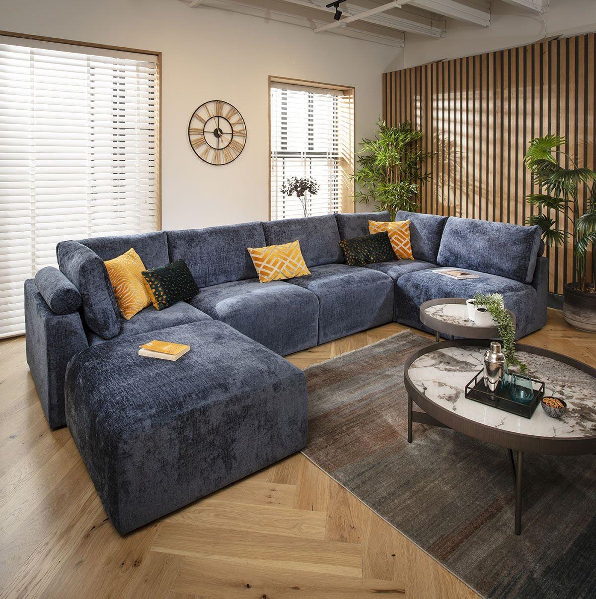 Victoria 6 Seater U-Shape Sofa Blue Chenille 348x176cm 6R