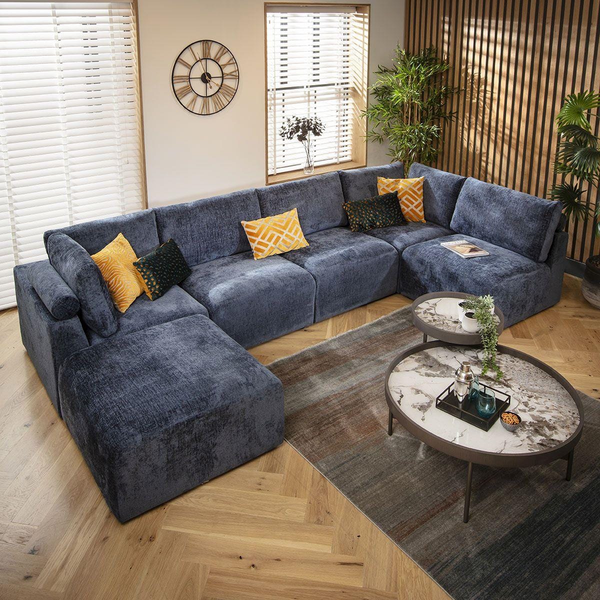 Victoria 6 Seater U-Shape Sofa Blue Chenille 348x176cm 6R