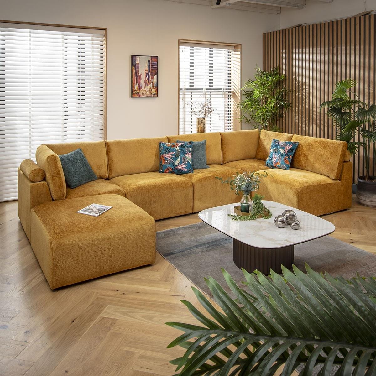 Victoria 6 Seater U-Shape Sofa Mustard Chenille 348x176cm 6R